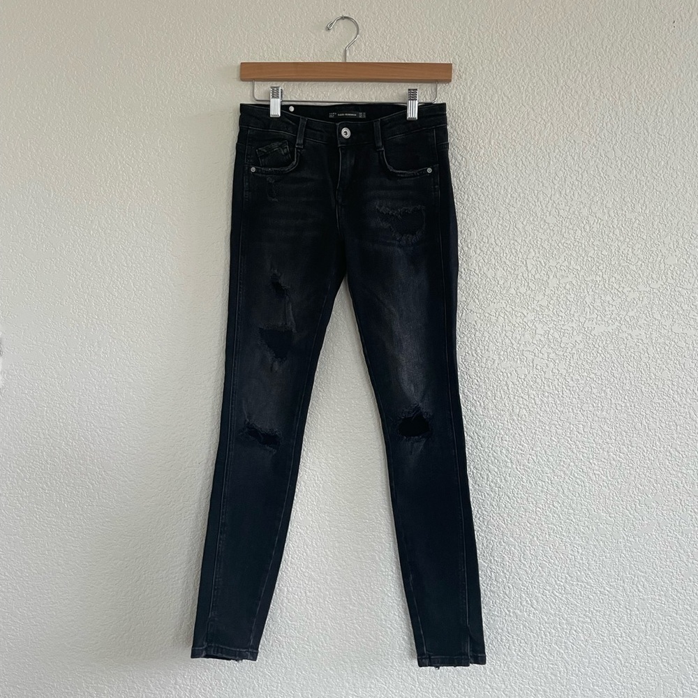 Zara | Mid-rise patched skinny jeans charcoal black size 2